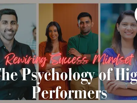 A diverse group of confident professionals with the headline “Rewiring Success Mindset – The Psychology of High Performers,” representing inner transformation and mindset coaching for high-achieving individuals.