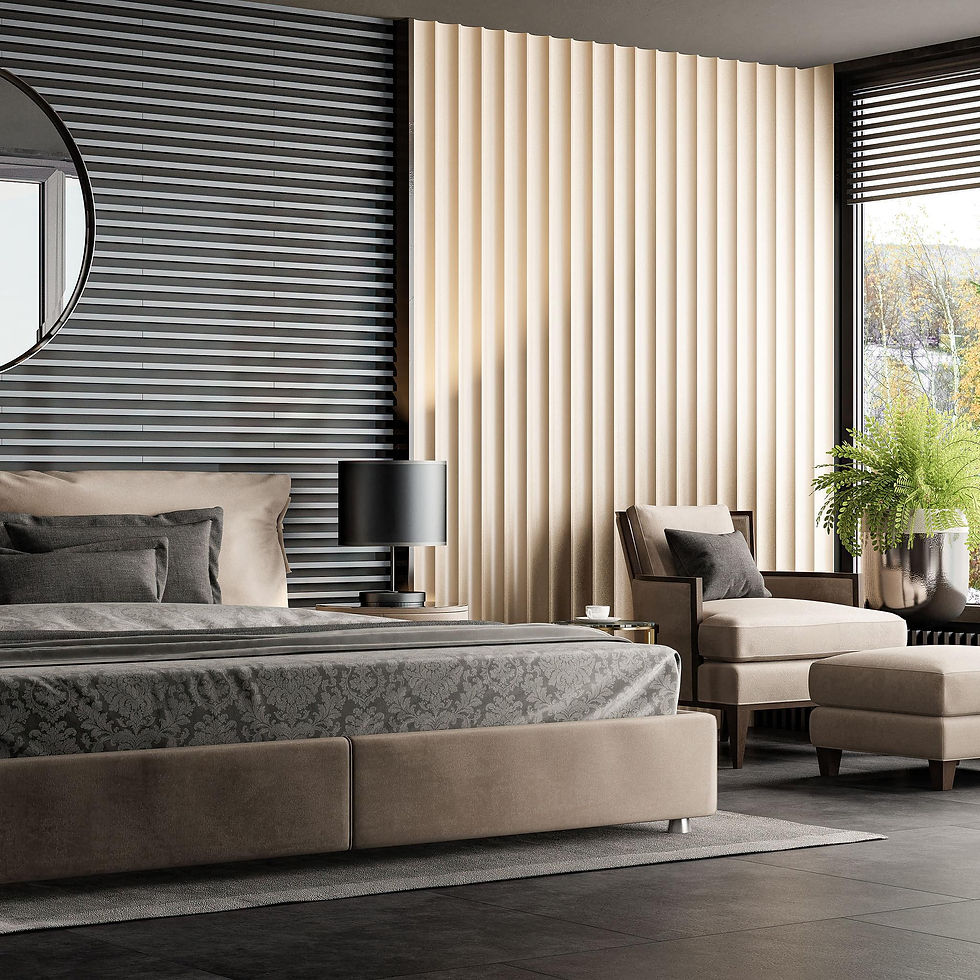 Layered neutral bedroom with upholstered headboard, warm lighting and balanced bedside styling