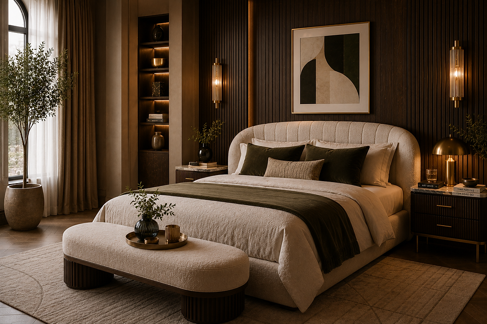 Neo Deco bedroom with upholstered bed, brass lighting and warm neutral colours