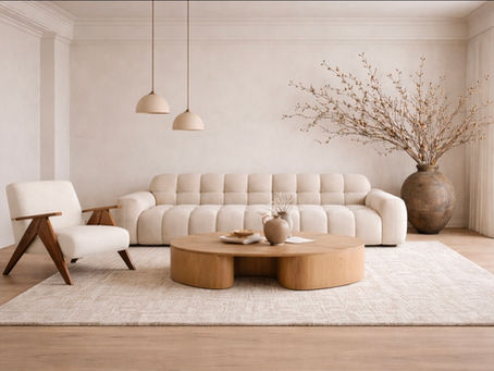 Japandi style living room with neutral tones, wooden furniture, linen sofa and minimalist Scandinavian Japanese interior design