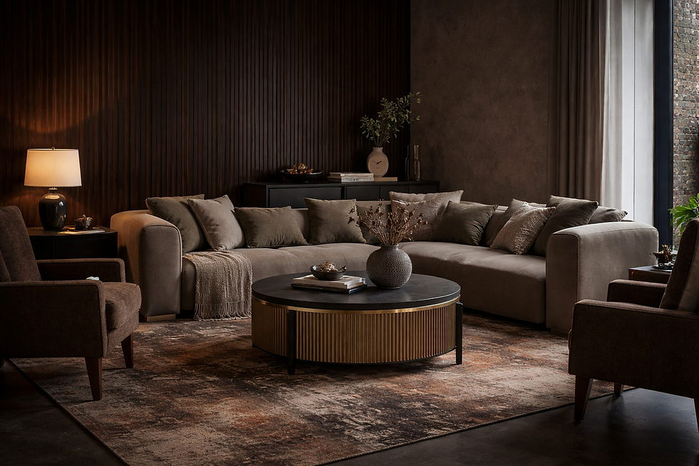 Dark luxury living room with taupe sectional sofa, brass round coffee table, architectural wood panel wall and abstract neutral rug