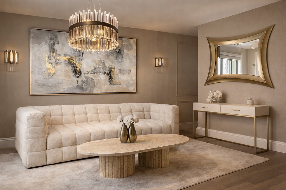 Luxury sculptural neutral living room with curved cream sofa, travertine coffee table and champagne brass lighting.