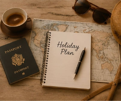 Holiday planning with book pen and passport