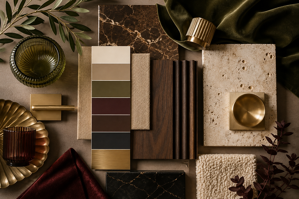 Neo Deco colour palette featuring olive green, burgundy, marble, walnut and brass