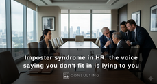 Asian woman sitting at conference table across from a group of men who are talking and ignoring her