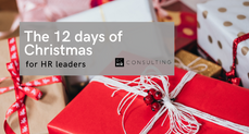 Christmas gifts wrapped in red and white paper with the title "The 12 days of Christmas for HR Leaders"