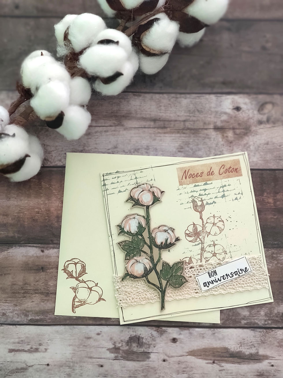 carte noces de coton à offrir pour les un an de mariage créé par en scrap'arence