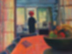 Woman with red hat meditates in light filled room|unplugged from technology| painting