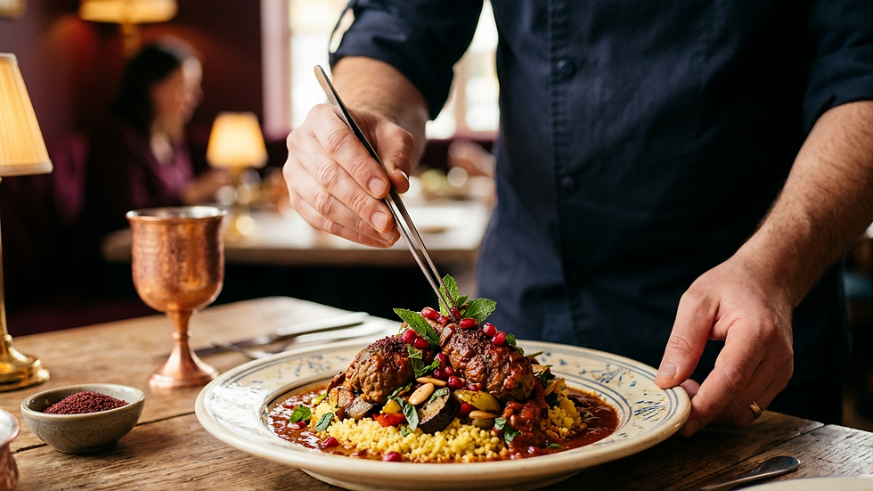Close-up view of a chef plating a traditional Middle Eastern dish with precision