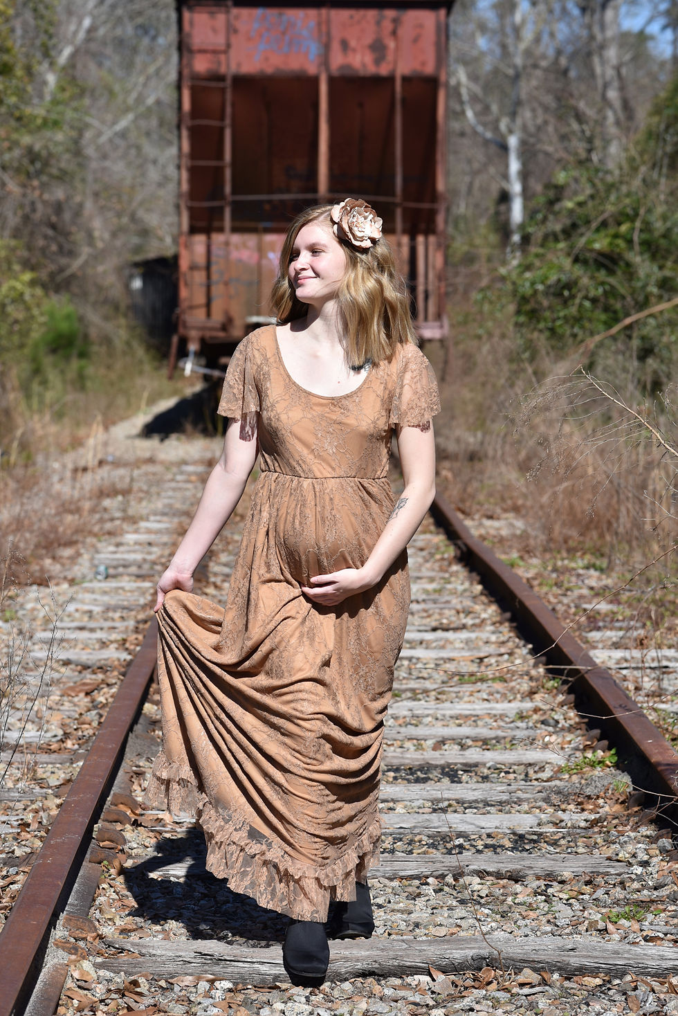 Thumbnail: Rental: Brown Lace Short Sleeved Dress