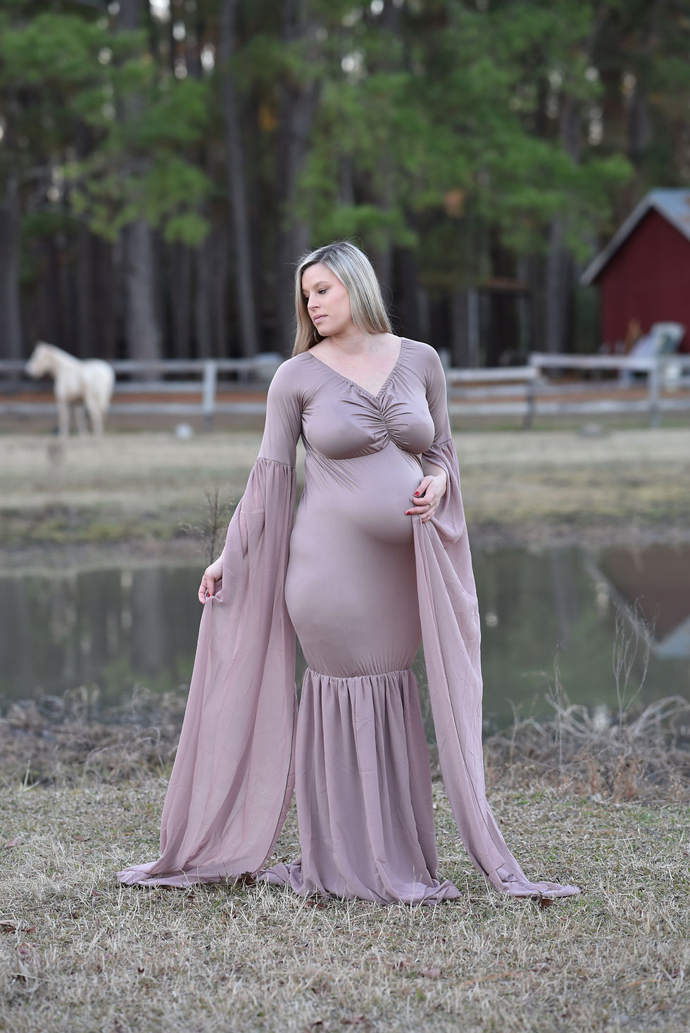 Thumbnail: Taupe Bell Sleeve Maternity Gown