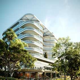 CGI 3D visualisation set of The Treehouse, featuring curved glass facades, landscaped podium gardens, modern offices, and forest-integrated design.