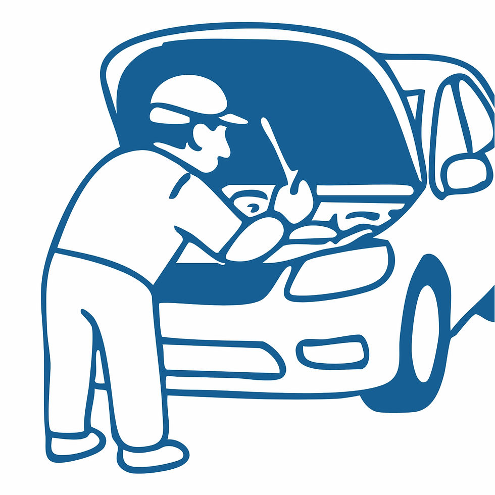 Line drawing of a mechanic inspecting a car engine