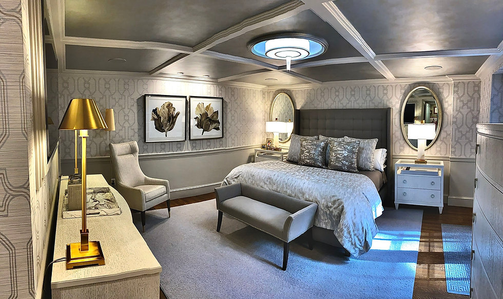 bedroom, gray, silver, gold, sophisticated, ceiling detail, wallpaper, mirrors