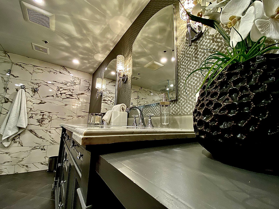 bathroom, wallpaper, gray, double sink vanity, mirrors, sophisticated, classy, wall sconces
