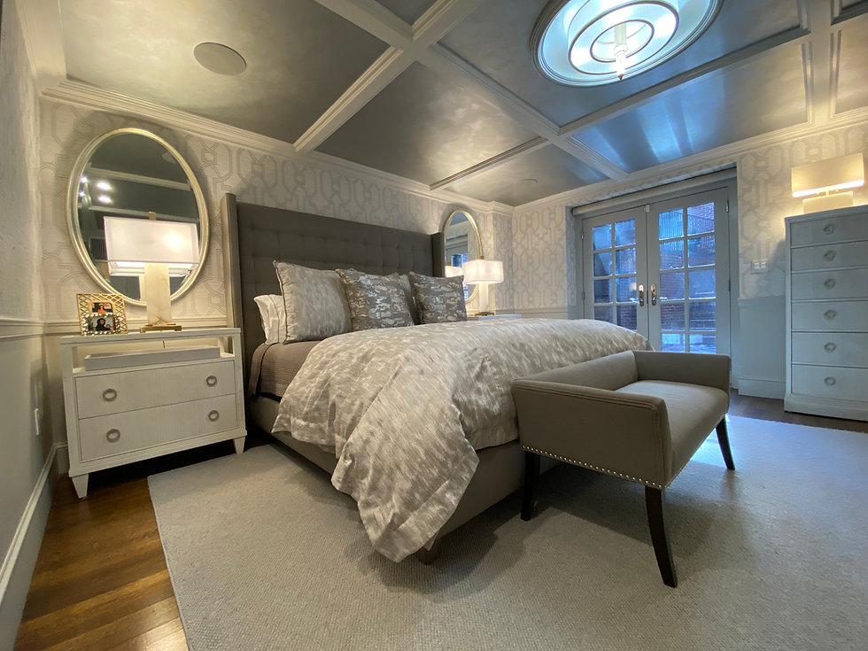 bedroom, gray, silver, sophisticated, ceiling detail, wallpaper, mirrors, white nightstands, table lamps, double doors