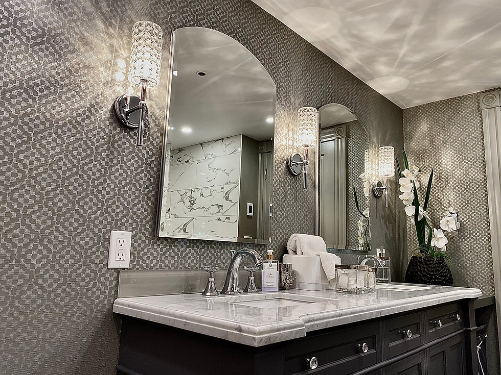 bathroom, wallpaper, gray, double sink vanity, mirrors, sophisticated, classy