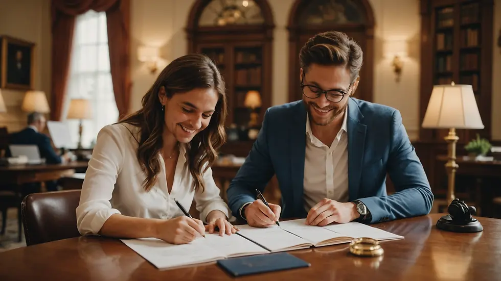 Wide angle view of a happy couple signing legal documents