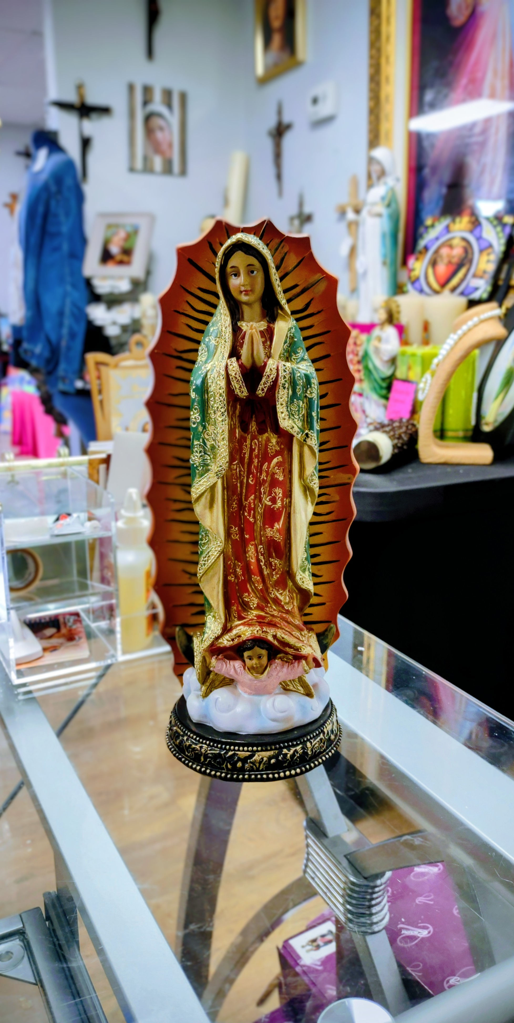 Estatua Virgen de Guadalupe 12" Fondo Naranja