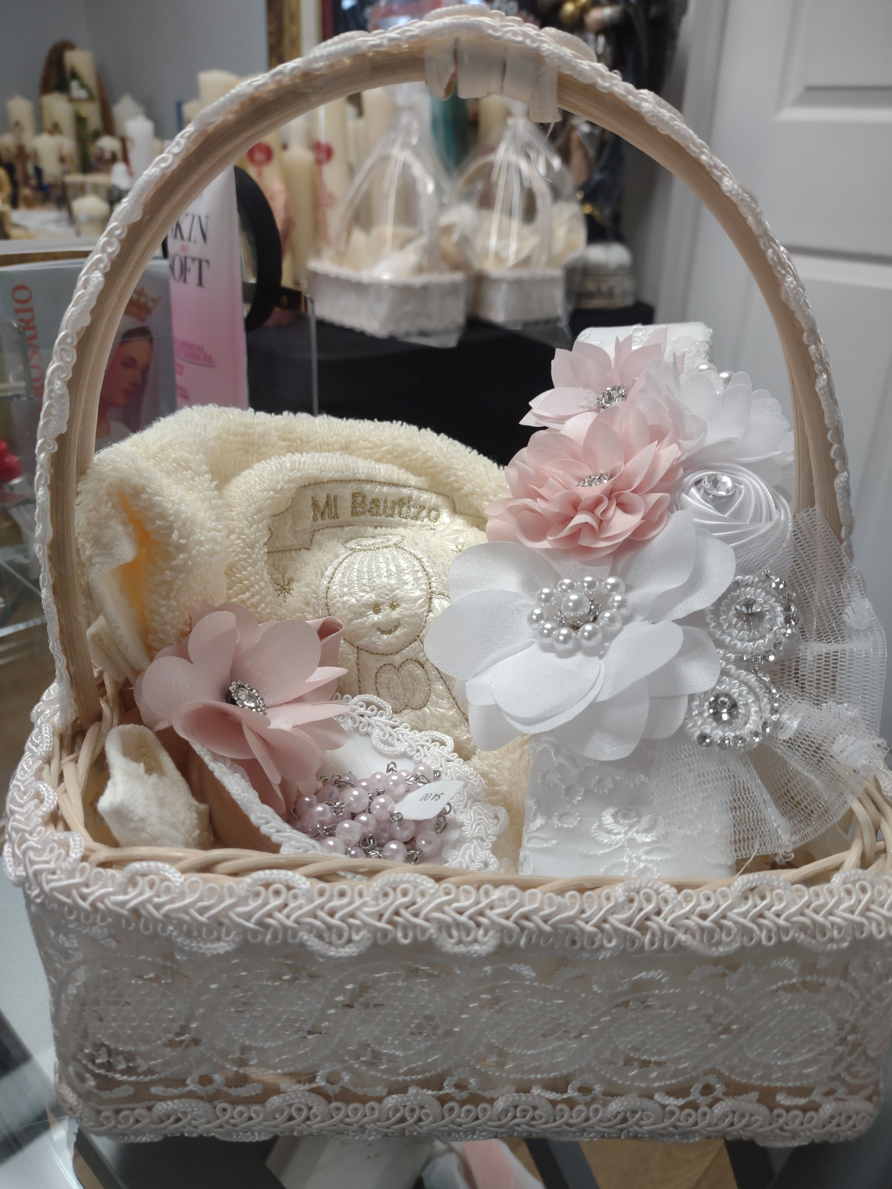 Set de Bautizo Canasta Vela cuadrada Blanca/Rosa