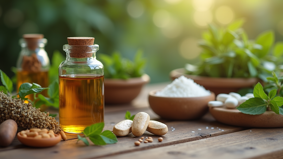 Close-up view of herbal medicine and natural remedies on a wooden table