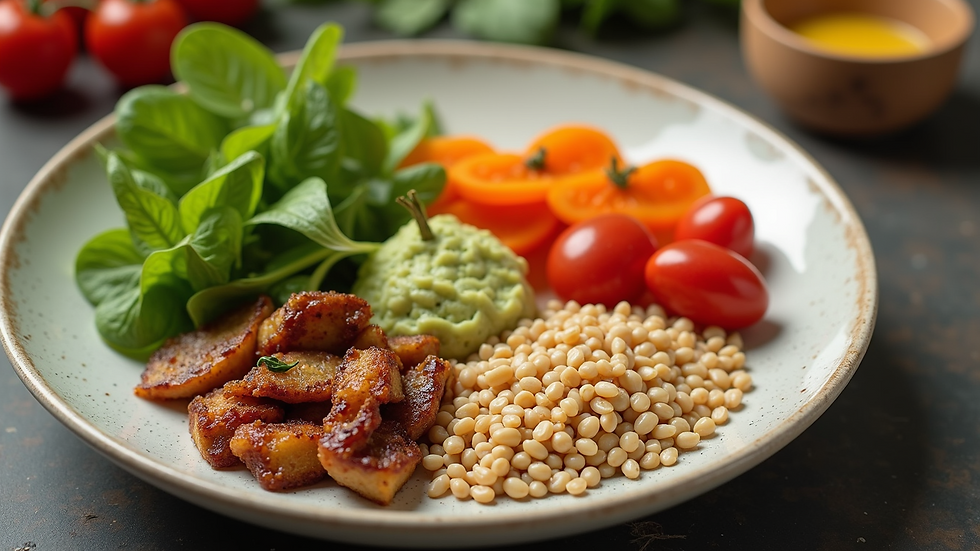 Close-up view of a balanced meal with fresh vegetables and grains