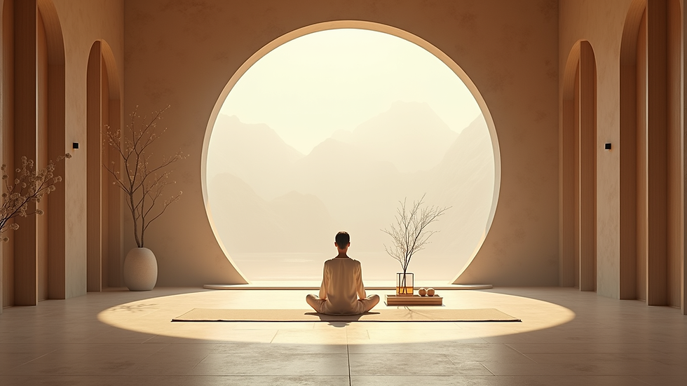 Eye-level view of a serene meditation space with natural light