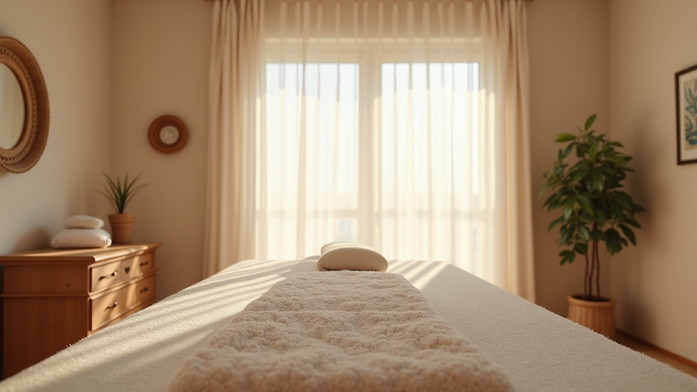 Eye-level view of a calm acupuncture treatment room with a single treatment bed