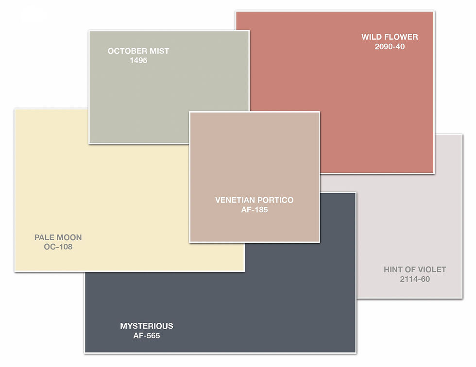 Six rectangles, each displaying one color from Benjamin Moore's 2022 Color Palette of the Year