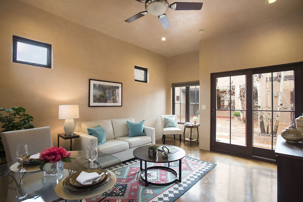 Charming guest space in Santa Fe compound staged by DeMaraias Home Staging and Design.