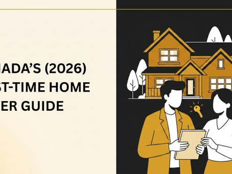 Flat vector illustration of a young couple holding documents in front of a Canadian home for Canada's 2026 First-Time Home Buyer Guide, featuring AgentMarket's gold and dark brand colours.