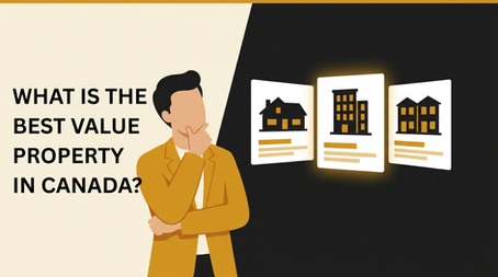 "Person considering the question 'What is the best value property in Canada?' alongside illustrated real estate listing cards"