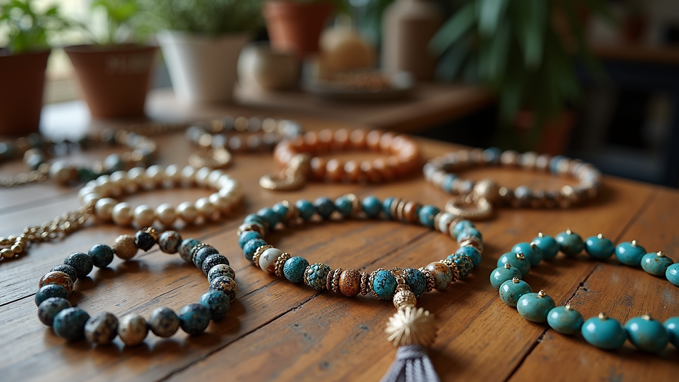 High angle view of a collection of handcrafted beaded bracelets and necklaces arranged on a wooden table