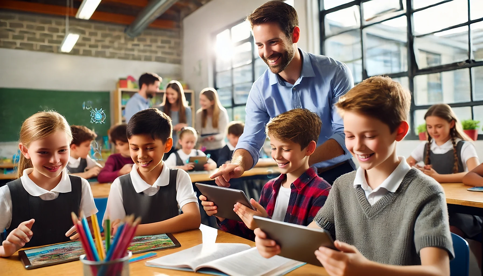 Smiling teacher aids children using tablets in a bright classroom. Students in uniform work at desks with books and colored pencils.