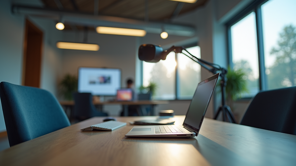 Eye-level view of a modern office space with VR equipment setup