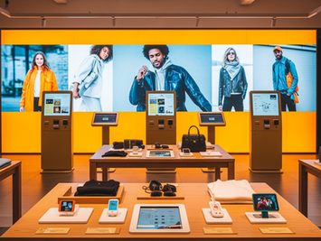 Retail flagship store with immersive LED media walls, hologram product displays and touchless projection experiences.