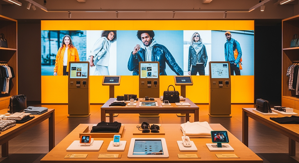 Retail flagship store with immersive LED media walls, hologram product displays and touchless projection experiences.