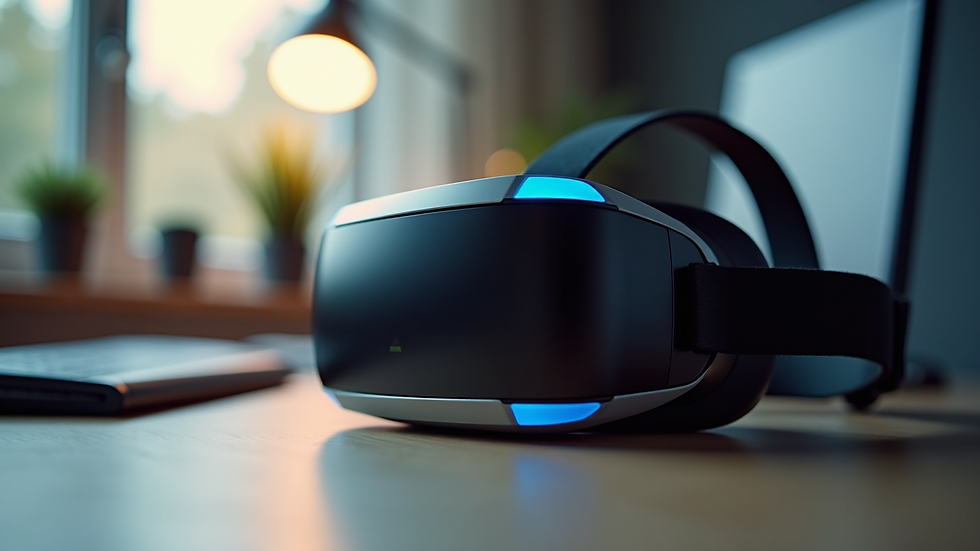 Close-up view of a VR headset resting on a desk