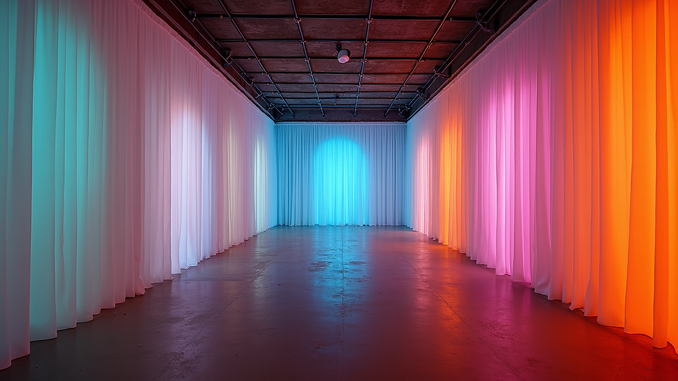 Wide angle view of a vibrant immersive art installation