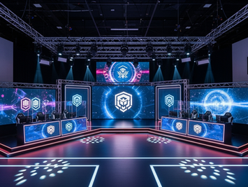 Esports broadcast stage with LED backdrops, dynamic lighting and live HUD overlays built for competitive gaming.
