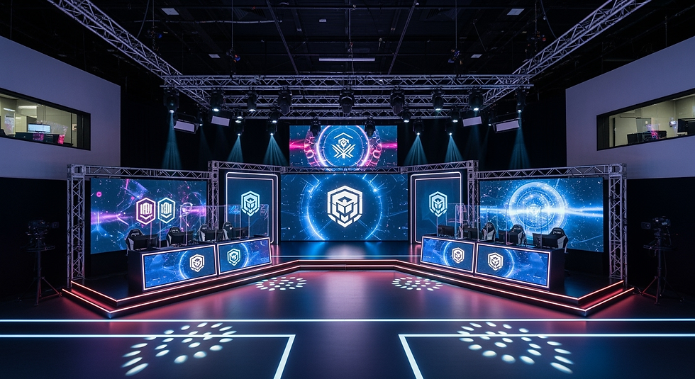 Esports broadcast stage with LED backdrops, dynamic lighting and live HUD overlays built for competitive gaming.