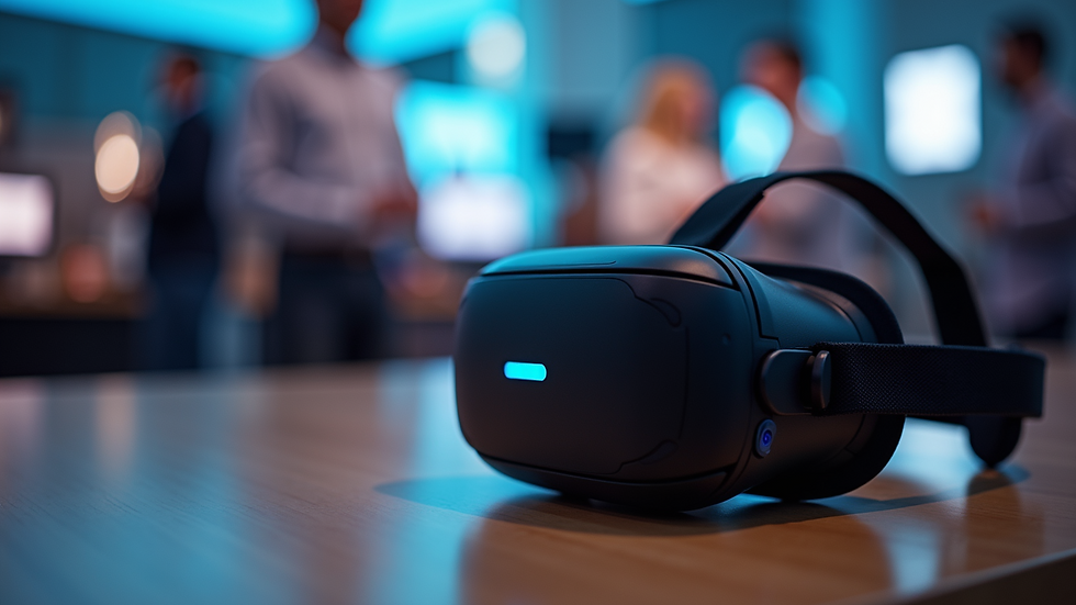 Close-up view of a VR headset resting on a table in an event setup