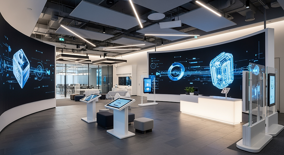 Visitor and experience centre with storytelling LED walls, interactive kiosks and digital wayfinding installations.