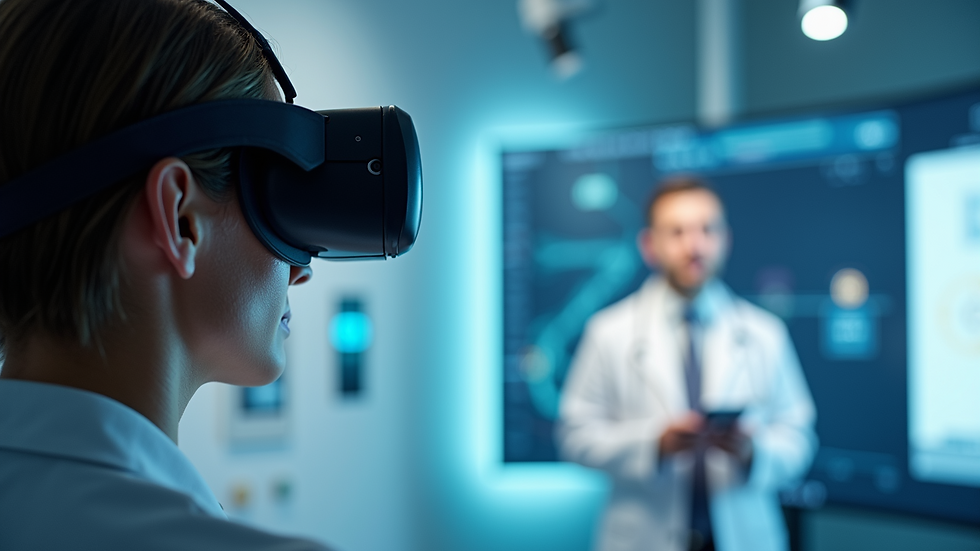 Close-up view of a VR headset displaying a medical training simulation