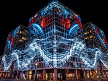 Outdoor light festival with projection mapping on buildings, interactive LED trails and large public crowds.