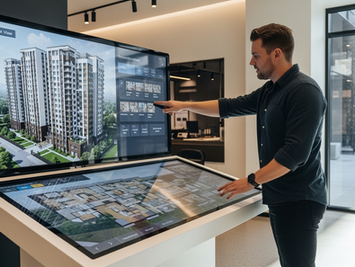 Real estate property showroom with VR walkthroughs, LED walls and interactive digital twin visualisations.