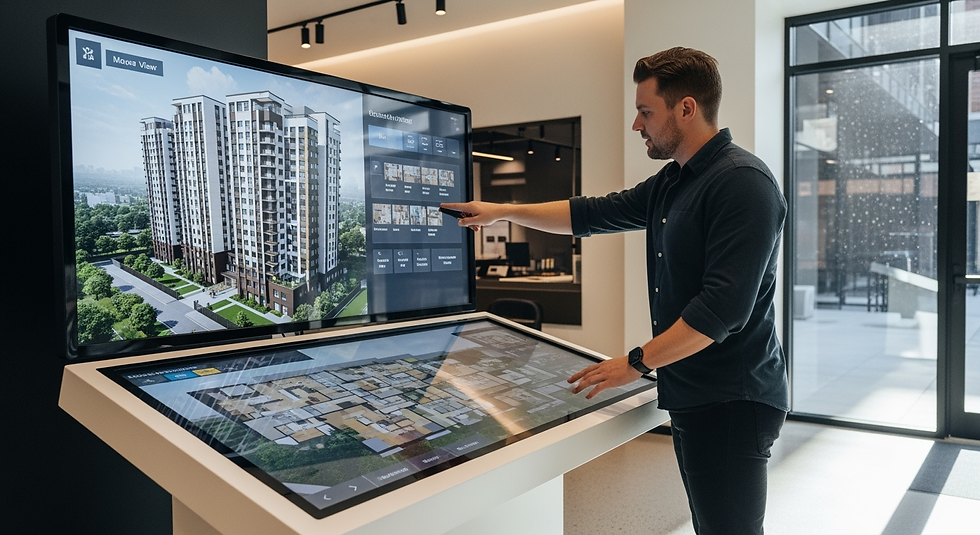 Real estate property showroom with VR walkthroughs, LED walls and interactive digital twin visualisations.