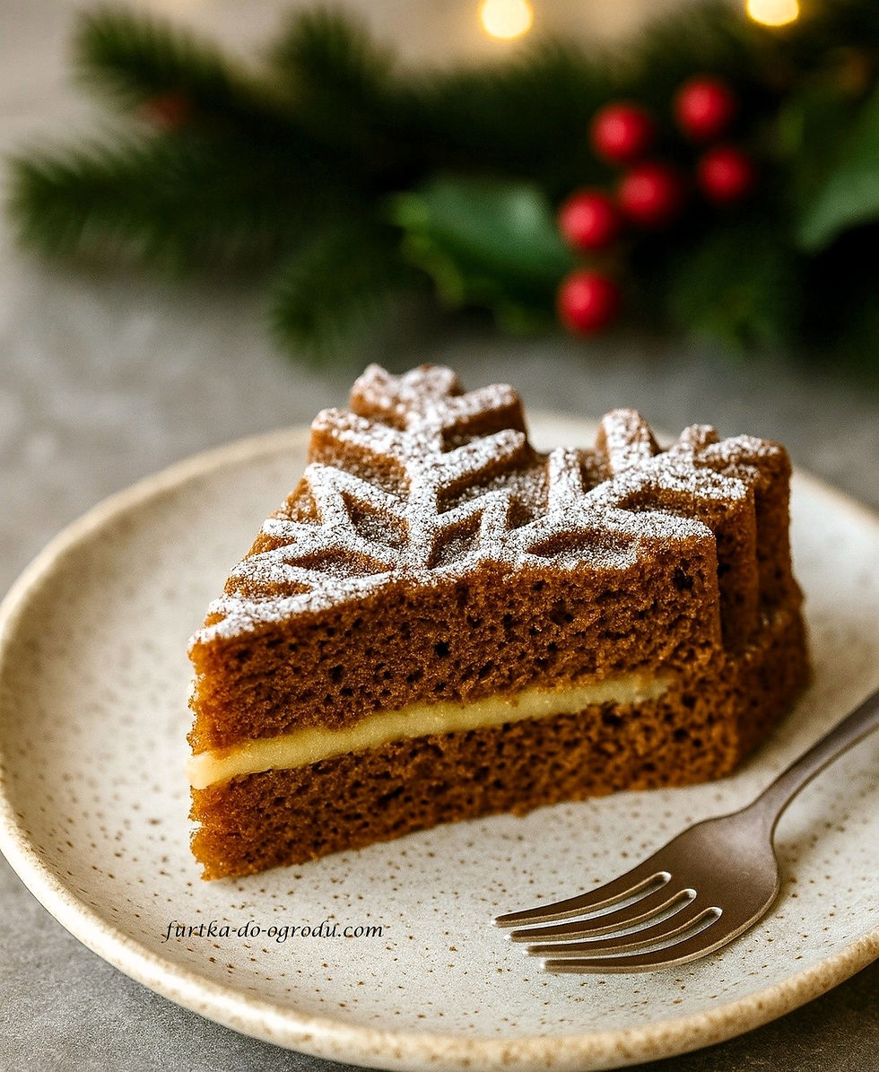Kawałek piernikowego płatka śniegu przełożonego marcepanem na jasnym talerzyku z widelczykiem w świątecznym klimacie.