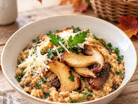 Risotto z grzybami podane w jasnej misce z parmezanem i natką pietruszki.