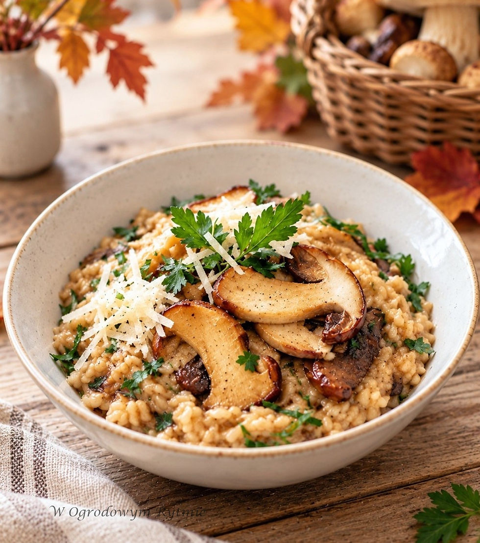 Risotto z grzybami podane w jasnej misce z parmezanem i natką pietruszki.